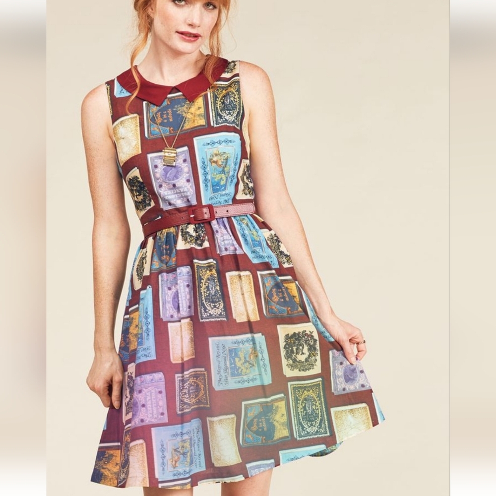 Modcloth Whimsy Without End Book Print Dress Plus Size